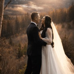 Fotografia Dawid Olkowski - Para młoda w objęciach na tle gór o zachodzie słońca. Panna młoda w białej sukni z welonem, pan młody w czarnym garniturze. Romantyczna sceneria.