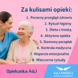 Uśmiechnięta opiekunka obejmuje starszą kobietę. Grafika informuje o zakres usług: przegląd zdrowia, higiena, dieta, wsparcie emocjonalne, porządek, kontrola medyczna.