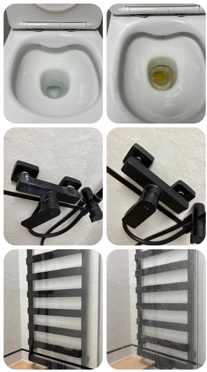 Kafelkowana łazienka: toaleta przed i po czyszczeniu, bateria umywalkowa i grzejnik drabinkowy przed i po usunięciu osadów. Widoczne efekty sprzątania.