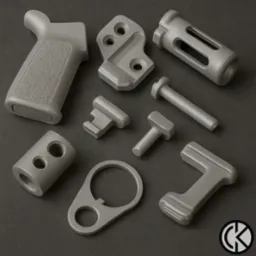 Metalowe komponenty po obróbce w Raciborzu, widoczne ślady po procesie. Elementy o różnych kształtach i rozmiarach, ułożone na ciemnym tle. Precyzyjne wykończenie.