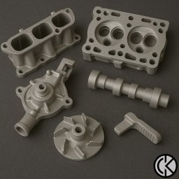 Custom Klamka - Metalowe komponenty silnika po piaskowaniu, prezentujące jednolitą, matową powierzchnię. Widoczne głowice cylindrów, wałek rozrządu i pompa wody.