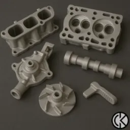 Metalowe komponenty silnika po piaskowaniu, prezentujące jednolitą, matową powierzchnię. Widoczne głowice cylindrów, wałek rozrządu i pompa wody.