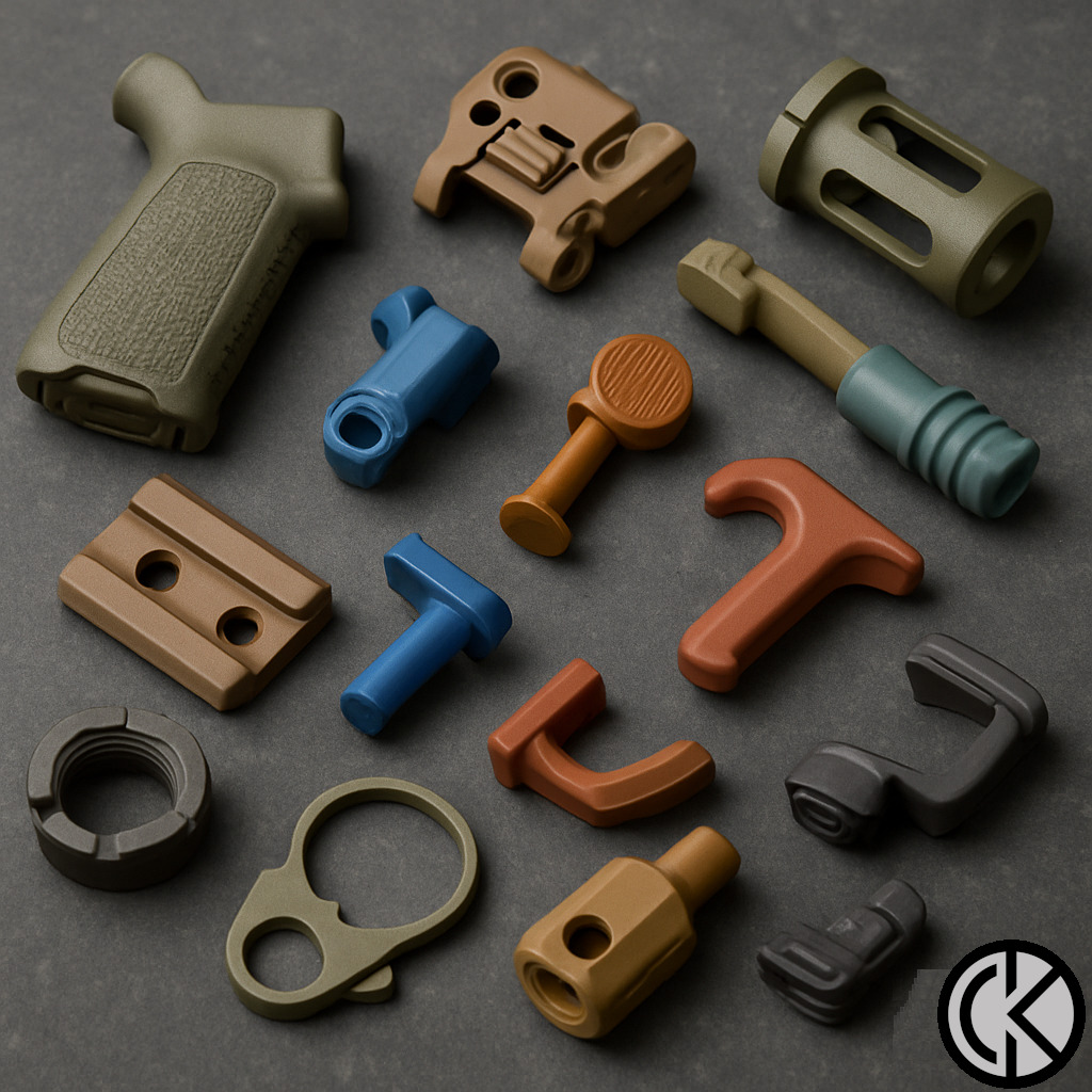 Kolorowe, metalowe elementy konstrukcyjne na szarym tle. Części są w różnych odcieniach brązu, niebieskiego i szarości. Widoczny logotyp w prawym dolnym rogu.