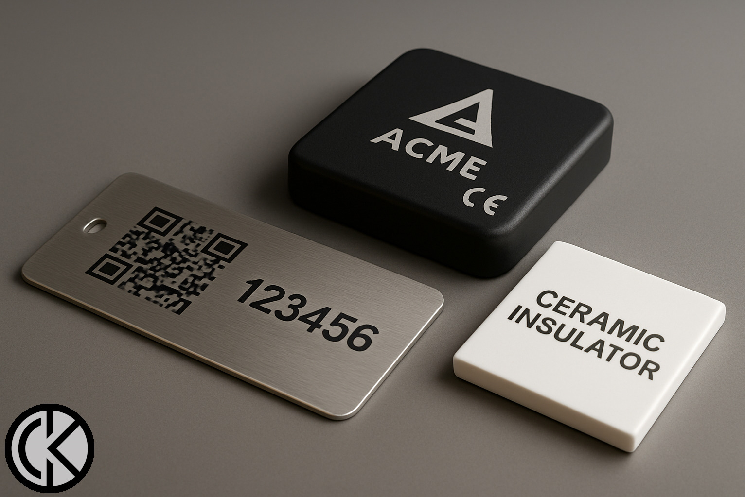 Metalowa płytka z kodem QR i numerem, czarny element z logo ACME i biały z napisem CERAMIC INSULATOR na szarym tle. Precyzyjne wykonanie detali, ostre krawędzie.