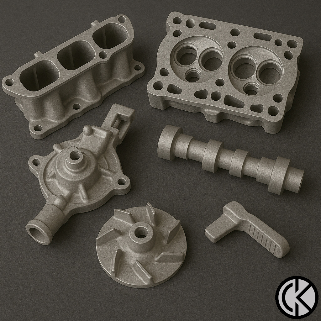 Metalowe komponenty silnika po piaskowaniu, prezentujące jednolitą, matową powierzchnię. Widoczne głowice cylindrów, wałek rozrządu i pompa wody.