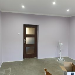 Le-Ma Bud Tomasz Gibas - Pomalowane na liliowo wnętrze pokoju z brązowymi drzwiami i wentylatorem. Na podłodze widoczny surowy beton i karton. Kot w rogu kadru.