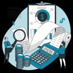 Ilustracja przedstawia analizę finansową z kalkulatorem, stosem monet, raportem i osobami analizującymi dane. Grafika w odcieniach błękitu i szarości.