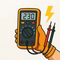 Ilustracja: Dłoń w rękawicy trzyma żółto-czarny multimetr z wyświetlaną wartością 230. Obok symbol błyskawicy. Widoczne przewody pomiarowe.