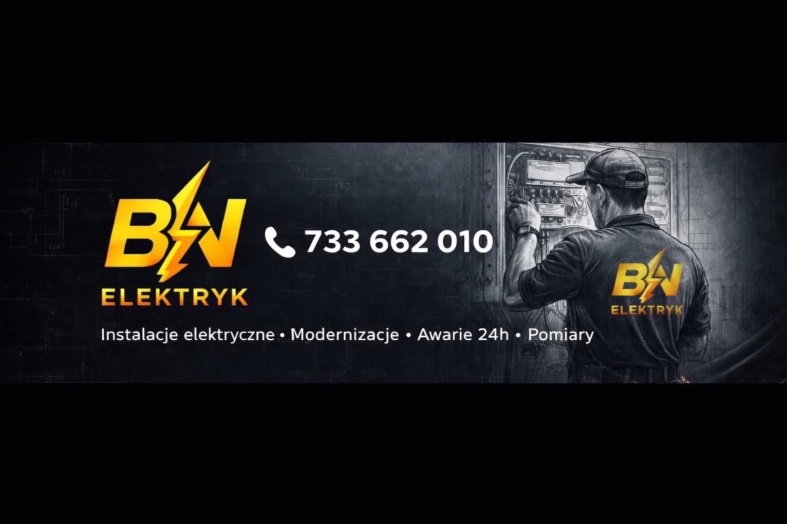 Grafika reklamowa elektryka: mężczyzna w kombinezonie z logo firmy pracuje przy skrzynce elektrycznej. Widoczny numer telefonu i zakres usług.