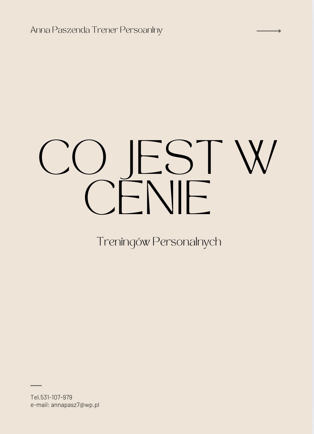 Beżowa grafika informująca o zawartości treningów personalnych z danymi kontaktowymi Anny Paszendy, trenera personalnego.