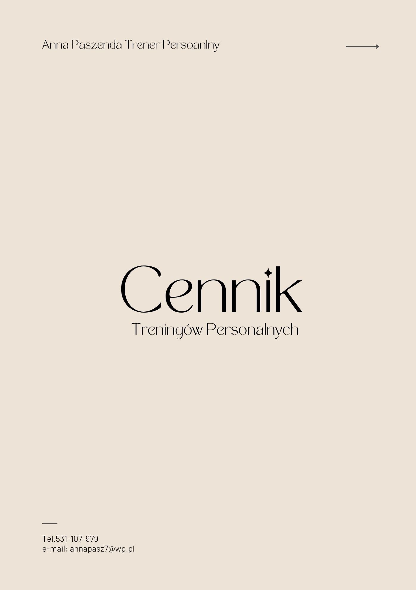 Cennik treningów personalnych Anny Paszendy, z danymi kontaktowymi w minimalistycznym stylu na beżowym tle.