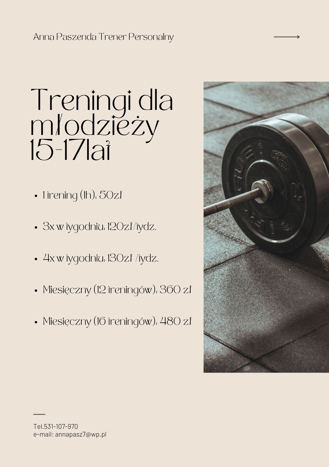 Grafika z ofertą treningów personalnych dla młodzieży w Rybniku, cennik i kontakt. W tle sztanga na podłodze. Minimalistyczny design.