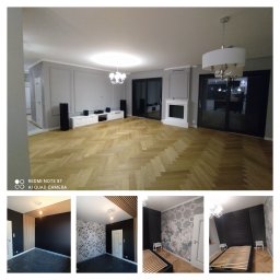 KS Perfect profesjonalne wykończenia wnętrz - Salon po remoncie: parkiet w jodełkę, szare ściany z dekoracyjnymi panelami, białe meble RTV, kominek. Dodatkowe ujęcia pokoi z różnymi wzorami na ścianach.