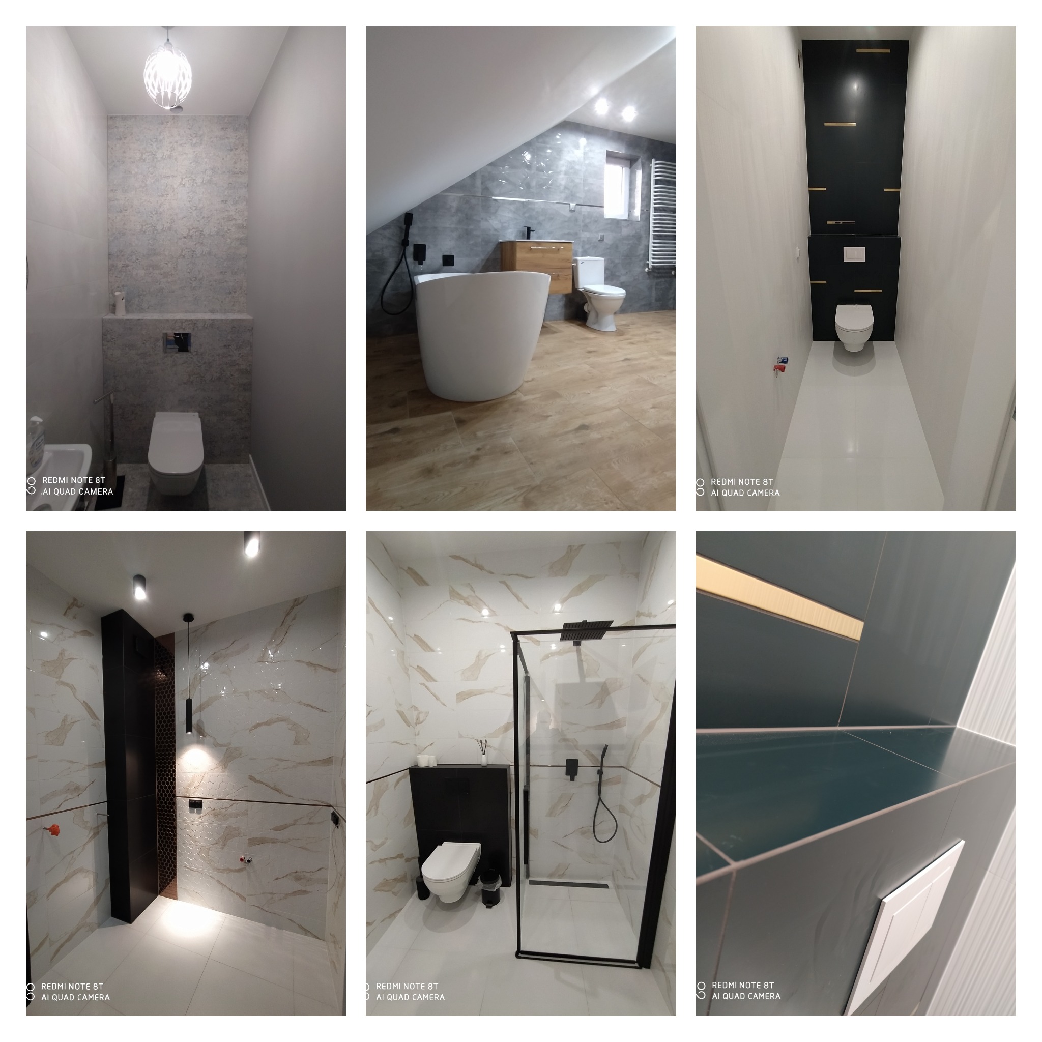 Mozaika wykończonych łazienek: nowoczesne aranżacje z wanną wolnostojącą, kabiną prysznicową typu walk-in, podwieszanymi toaletami i różnorodnymi wzorami płytek.