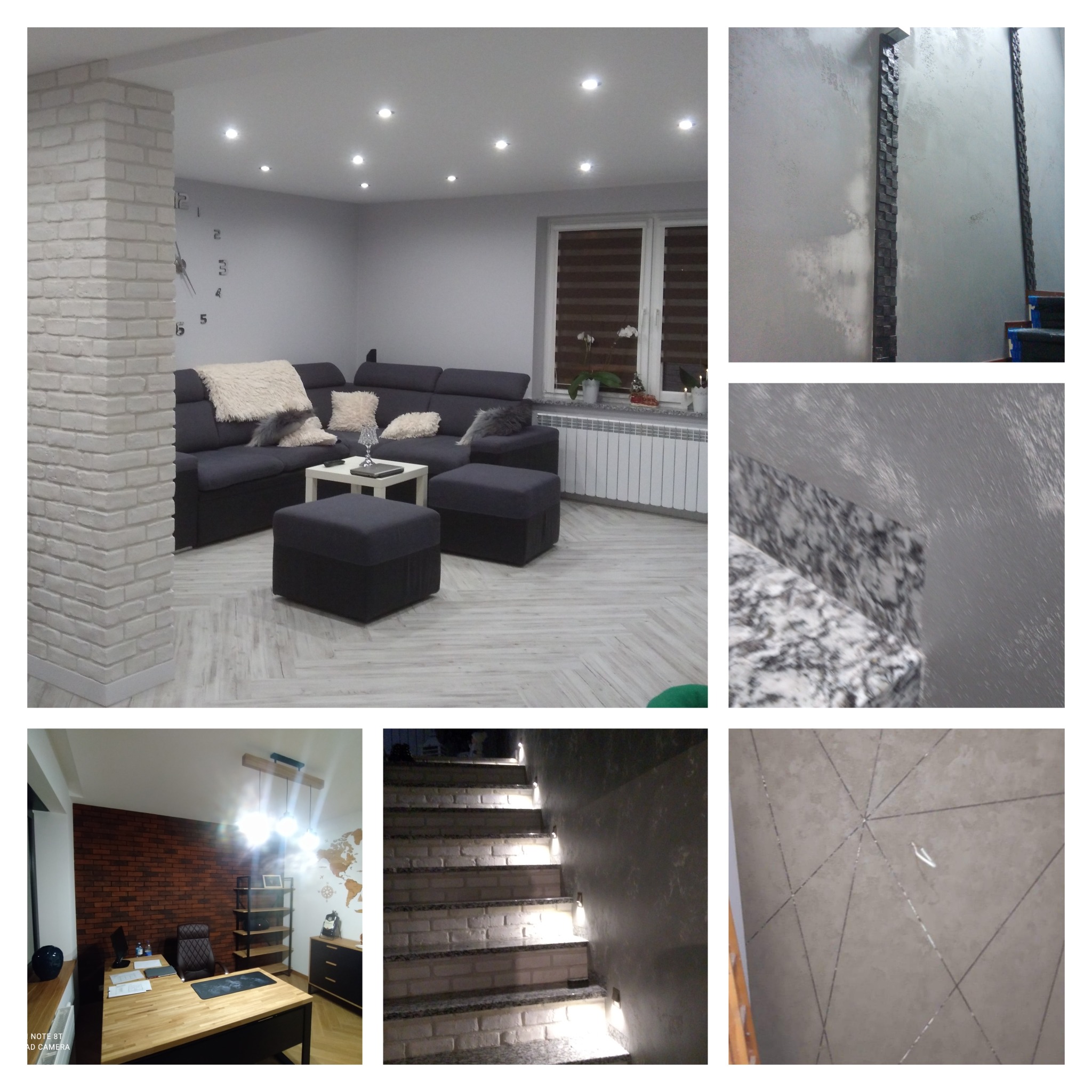 Zestawienie wnętrz po remoncie: salon z ceglaną kolumną, biuro z ceglaną ścianą, schody z oświetleniem, detale wykończenia ścian i podłóg.