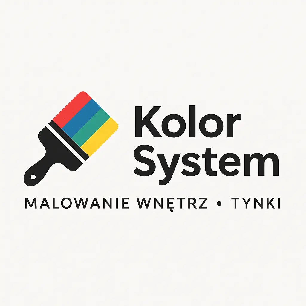 Logo firmy Kolor System z pędzlem w kolorach tęczy. Oferta: malowanie wnętrz i tynki. Minimalistyczny design na jasnym tle.