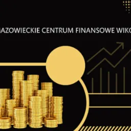 Grafika Mazowieckiego Centrum Finansowego WIKON z piramidą złotych monet i wykresem wzrostu na czarnym tle.