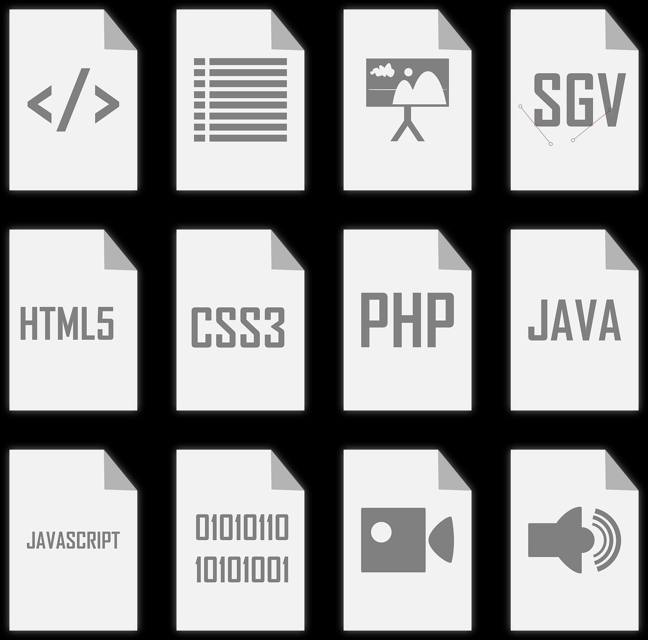 Zestaw ikon języków programowania i formatów plików (HTML5, CSS3, PHP, Java, JavaScript, SVG) na białych kartkach, oferowany przez programistę z Gdyni.