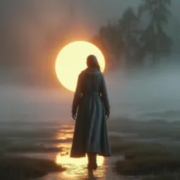 Kobieta w płaszczu idzie w kierunku zachodzącego słońca w mglistym krajobrazie, odbicie światła w wodzie, artystyczna wizja z elementami fantasy.