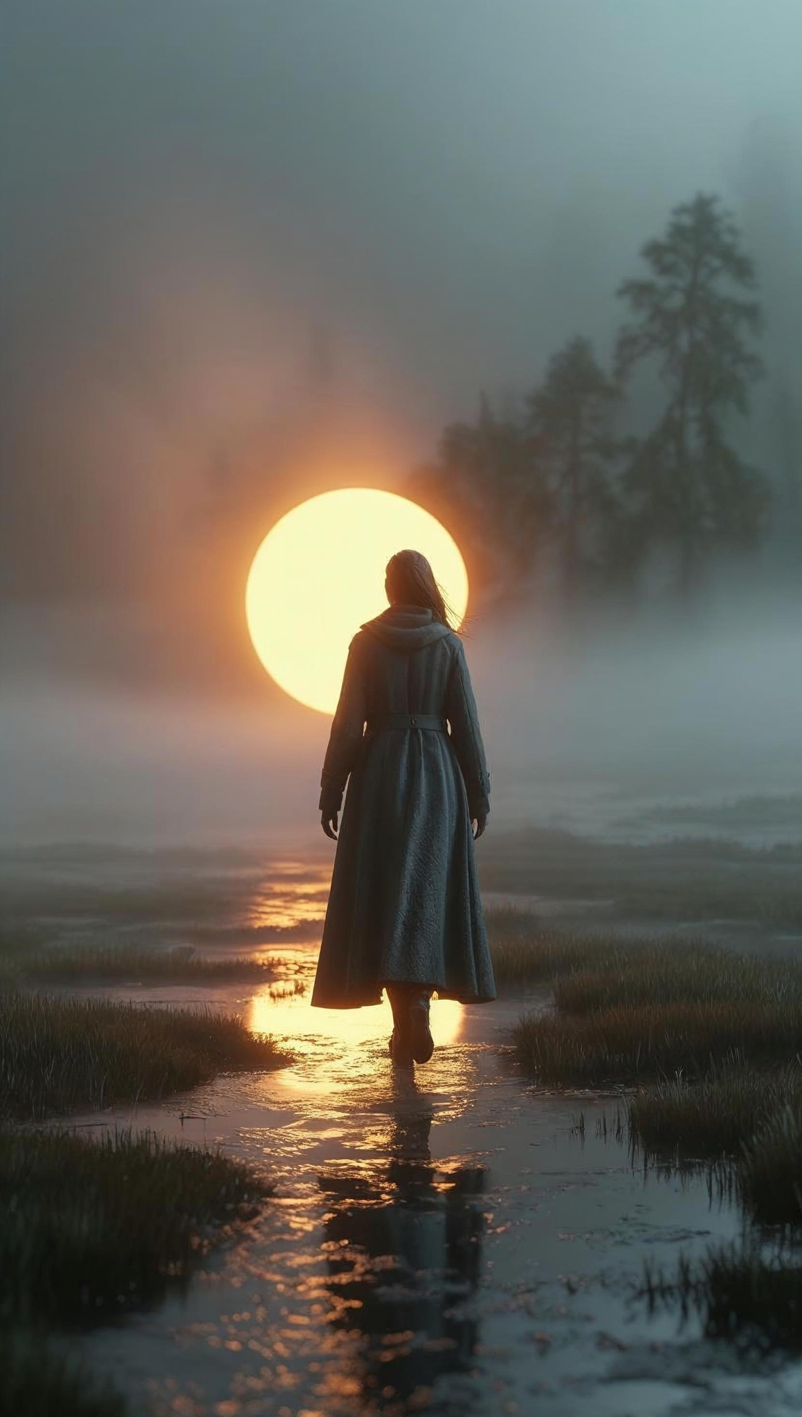 Kobieta w płaszczu idzie w kierunku zachodzącego słońca w mglistym krajobrazie, odbicie światła w wodzie, artystyczna wizja z elementami fantasy.