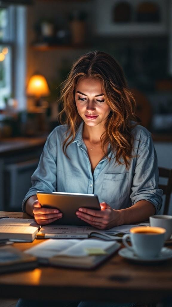 Kobieta z blond włosami przegląda tablet przy drewnianym stole z książkami i filiżankami, w tle ciepłe światło lampki.