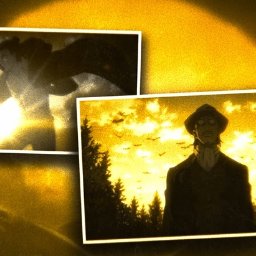 Oliwier Gonciarz - Kadr z animowanego filmu: postać w kapeluszu na tle zachodu słońca i sylwetka postaci w locie. Stylizowane, złote oświetlenie.