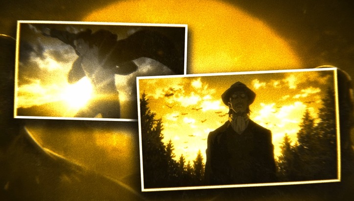 Kadr z animowanego filmu: postać w kapeluszu na tle zachodu słońca i sylwetka postaci w locie. Stylizowane, złote oświetlenie.