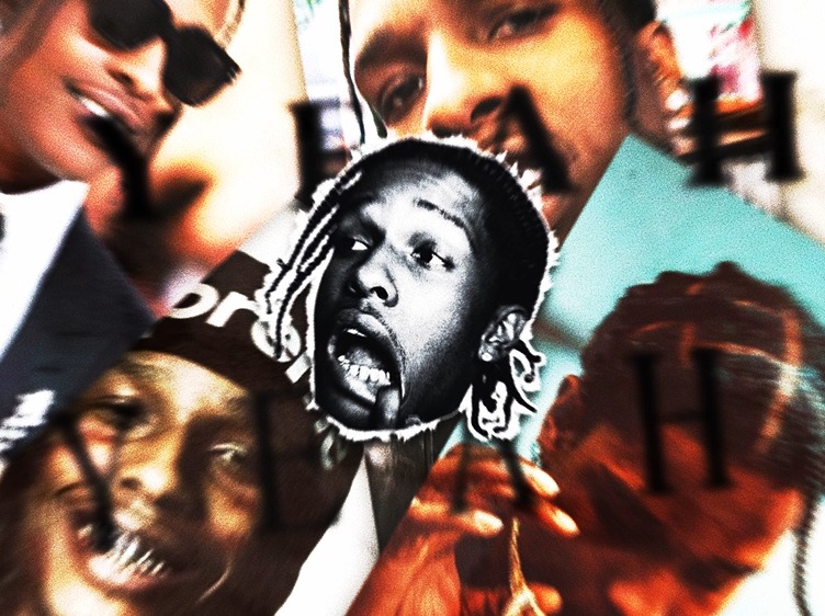 Abstrakcyjna kompozycja z kolażem twarzy, w tym czarno-biały portret z otwartymi ustami, nałożonych na siebie w dynamicznym ujęciu, tworzących intrygujący efekt wizualny.