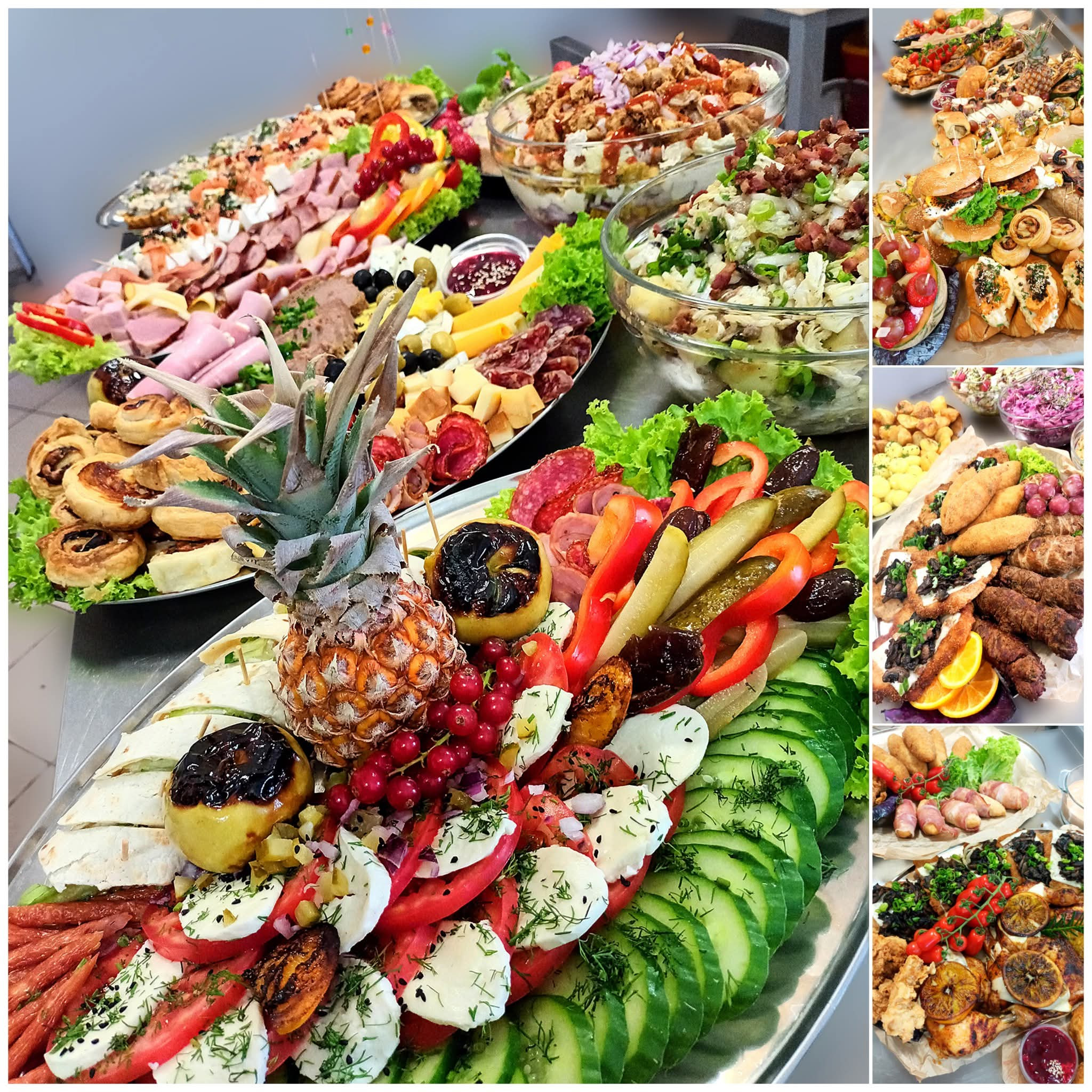 Bogaty wybór dań cateringowych: sałatki, przekąski, wędliny i owoce, ułożone na srebrnych tacach. Różnorodność smaków i kolorów, idealne na imprezę firmową lub świąteczną.