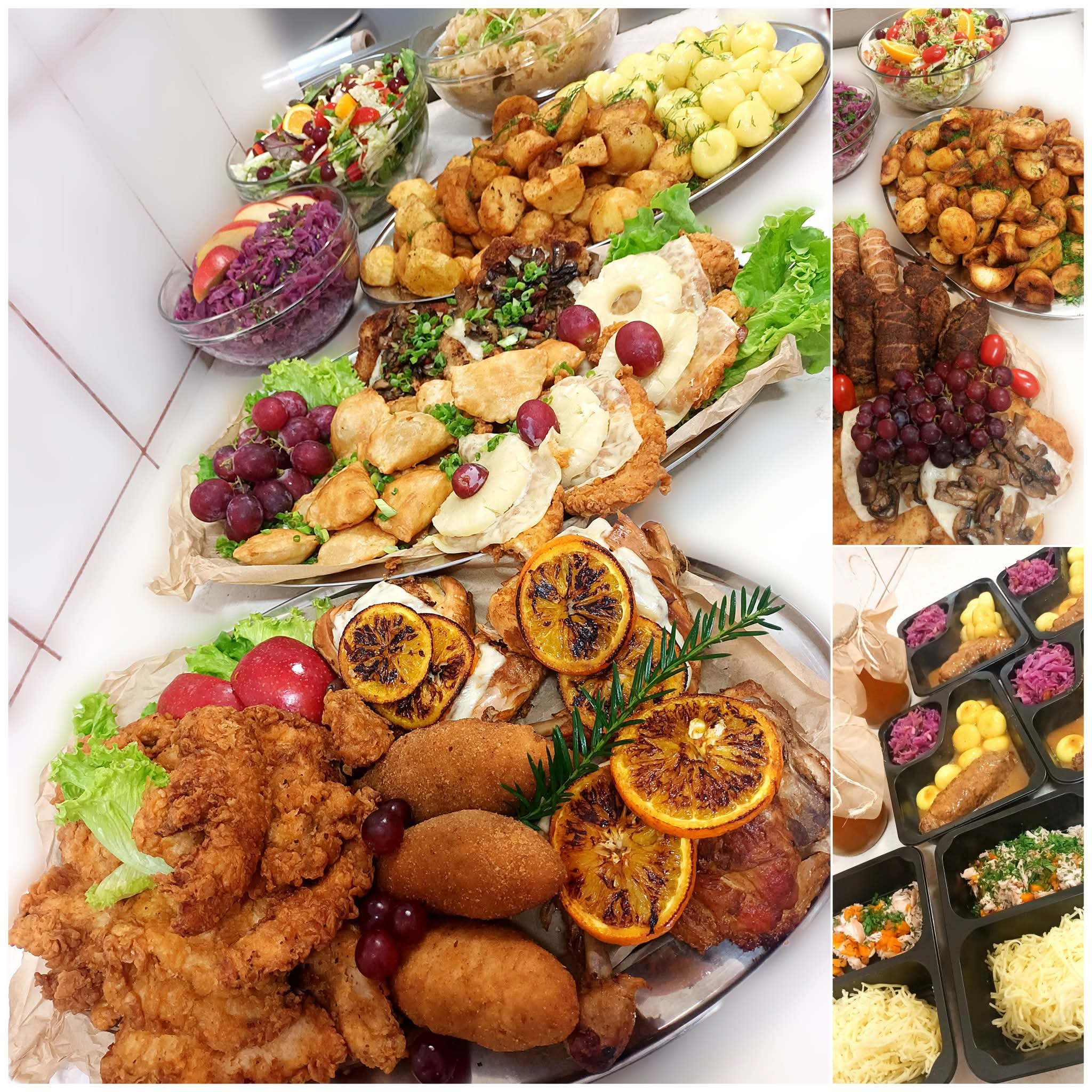 Bogaty wybór dań cateringowych: smażone mięso, pierogi, pieczone ziemniaki, surówki i sałatki, elegancko zaprezentowane na srebrnych tacach i w pojemnikach.