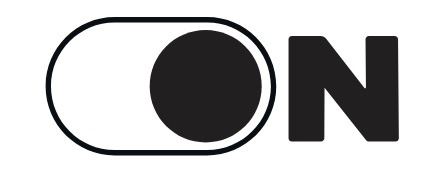 Czarno-biała grafika przedstawia suwak w pozycji 'ON', z okrągłym elementem przesuniętym w prawo i napisem 'ON' obok. Prosty, minimalistyczny design na białym tle.