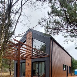 D&A Hyggedom Sp.z o.o. - Nowoczesny dom szkieletowy z drewnianą elewacją i tarasem. Duże okna z czarnymi ramami. Pergola nad tarasem. Tło: las i pochmurne niebo.