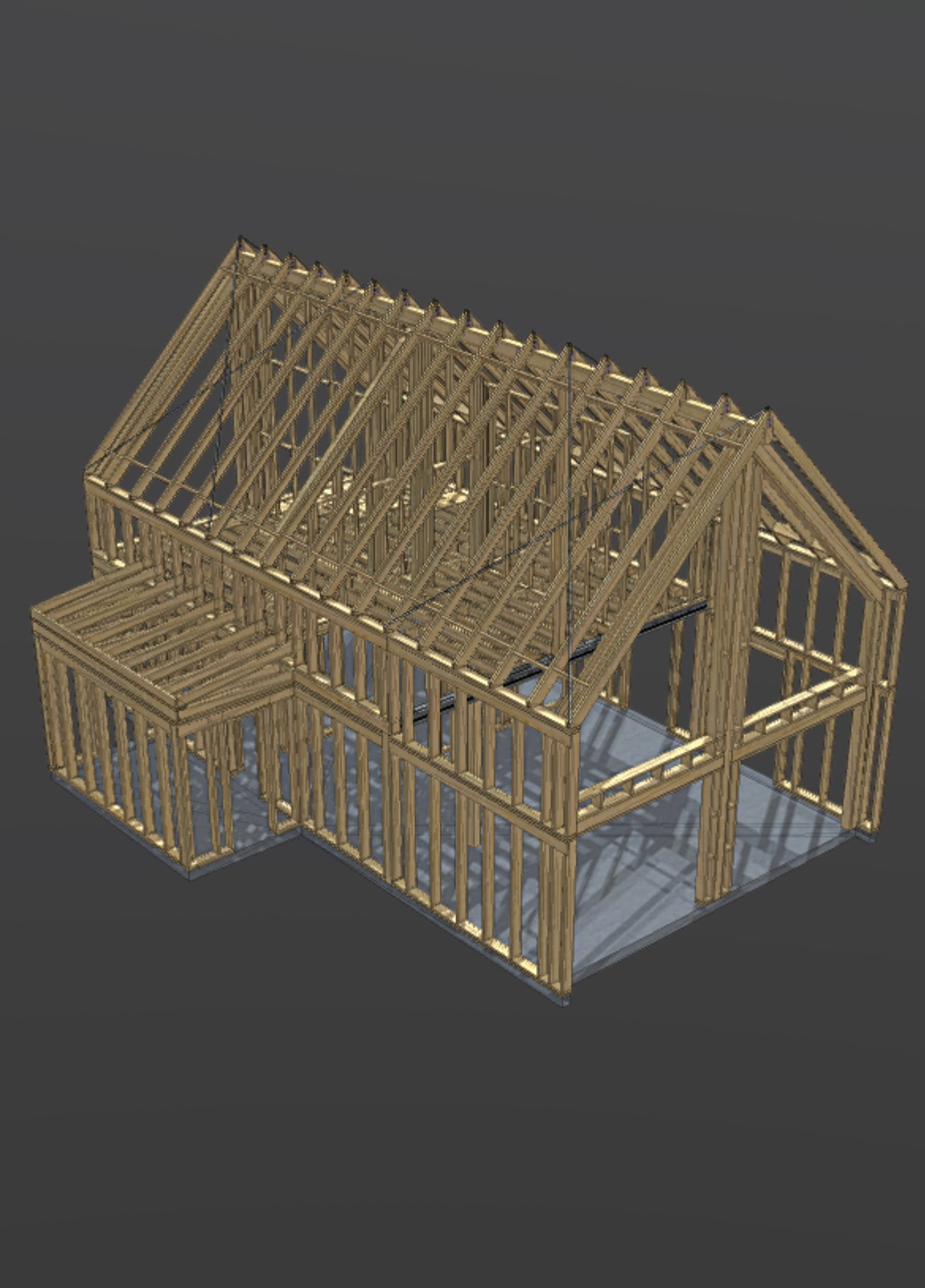 Wizualizacja 3D szkieletu domu z drewna, ukazująca konstrukcję ścian, dachu i poddasza. Widok z góry, perspektywa ukośna. Detaliczna prezentacja elementów konstrukcyjnych.