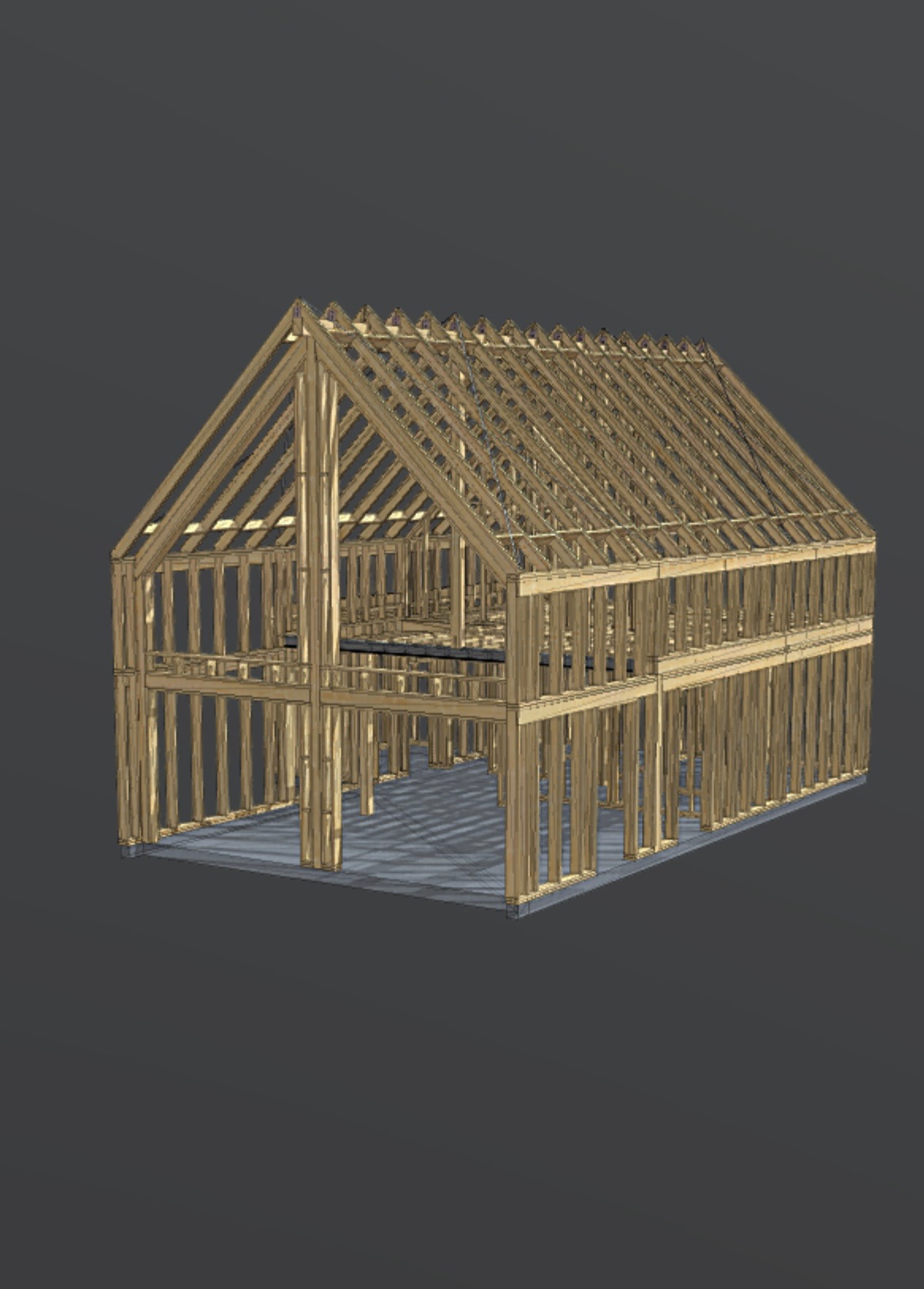 Szkielet domu w budowie, ukazujący drewnianą konstrukcję ścian i dachu na betonowej płycie, na szarym tle. Widoczne elementy więźby dachowej i słupków.