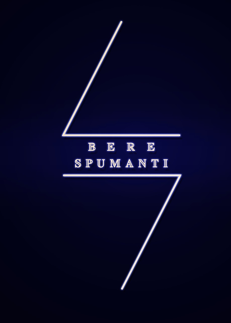 Graficzne logo 'Bere Spumanti' na ciemnoniebieskim tle. Neonowe linie tworzą abstrakcyjny symbol, a nazwa marki umieszczona jest pośrodku.