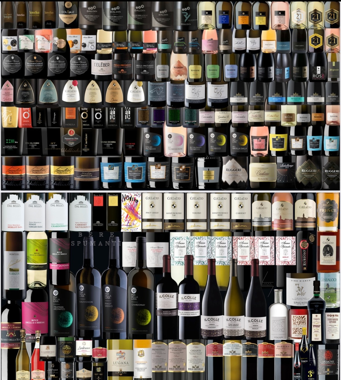 Bogaty asortyment win: czerwone, białe, różowe i musujące, różnorodność etykiet i butelek, prezentacja oferty hurtowni alkoholi.