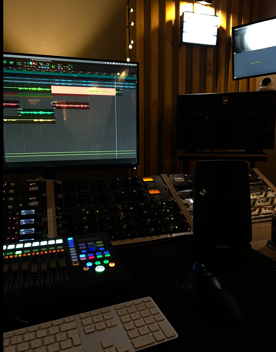 Profesjonalne studio nagrań: konsoleta mikserska, monitor z oprogramowaniem DAW, mikrofon i monitory studyjne. Oświetlenie punktowe tworzy klimat.