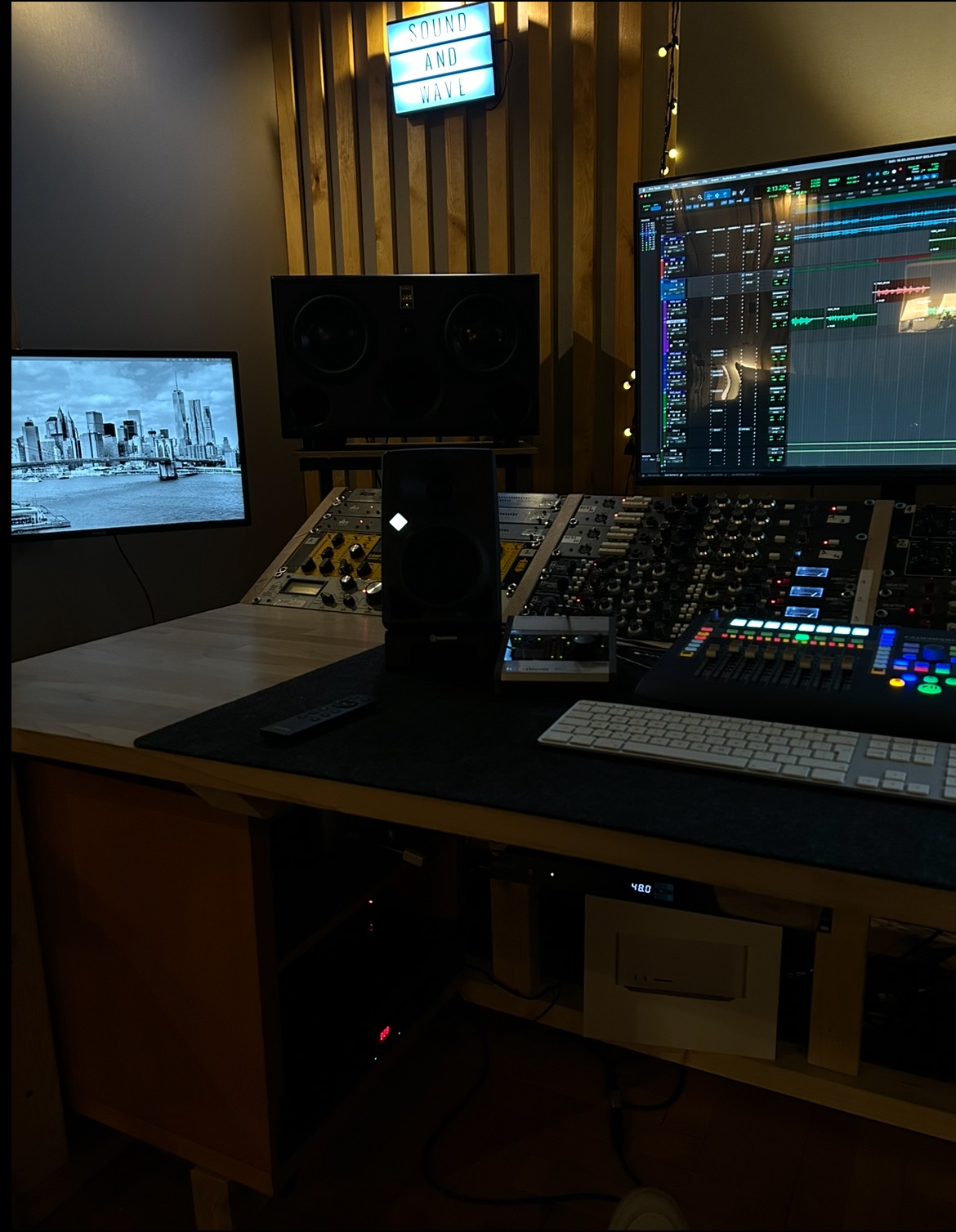 Profesjonalne studio nagrań z mikserem, monitorami studyjnymi i ekranem z oprogramowaniem DAW. Oświetlenie LED i drewniane panele akustyczne.