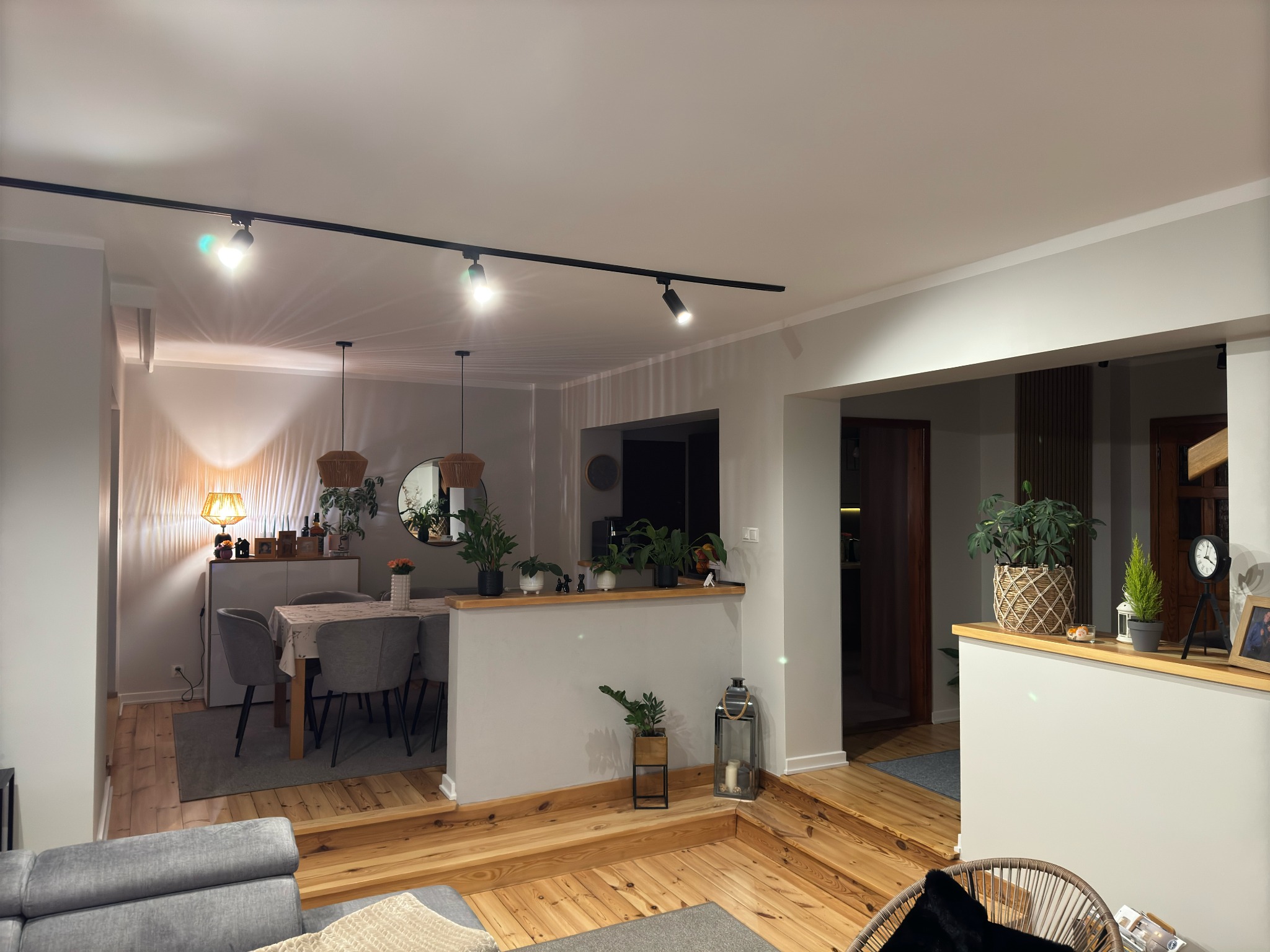 Nowoczesne wnętrze domu z drewnianą podłogą, szarą sofą i stołem jadalnym. Oświetlenie szynowe, rośliny doniczkowe i dekoracje tworzą przytulną atmosferę.