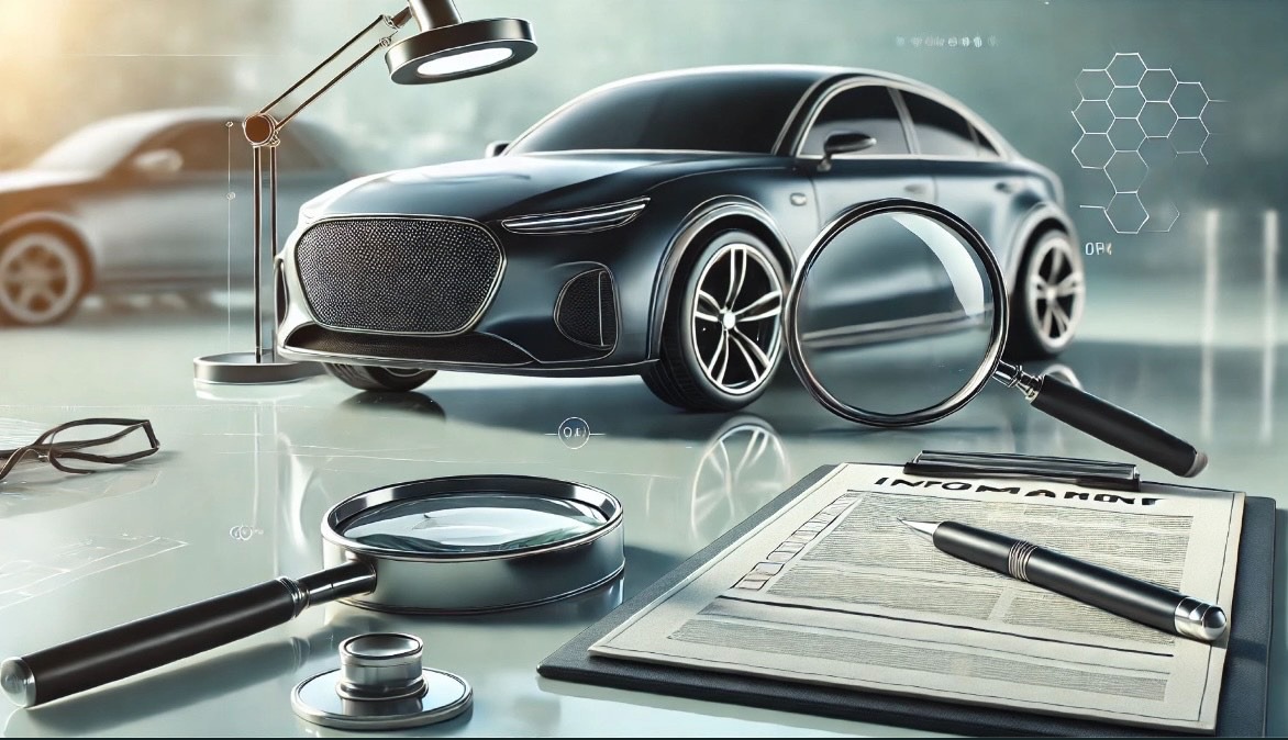 Szczegółowe badanie techniczne auta: lupa, dokumenty, oświetlenie. Analiza stanu pojazdu, w tle drugi samochód i grafika z siecią heksagonów.