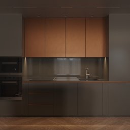 GAMKO+PARTNERS Sp. z o.o. - Minimalistyczna kuchnia z ciemnymi szafkami i drewnianymi akcentami, oświetlona punktowo, z widocznym sprzętem AGD marki Miele i parkietem ułożonym w jodełkę.