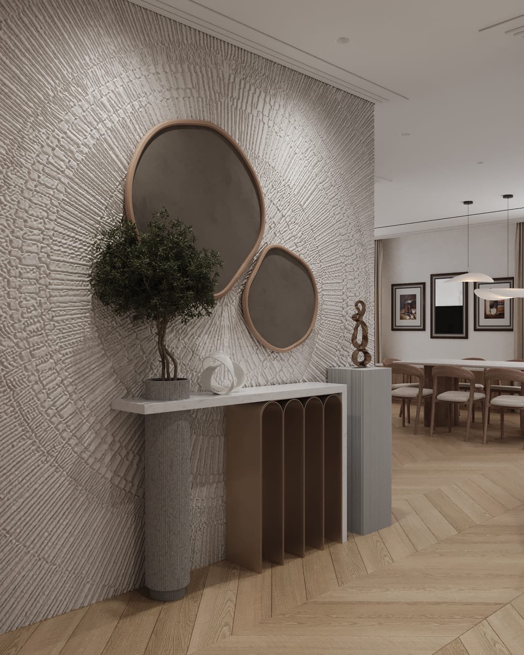Nowoczesne wnętrze: dekoracyjna ściana z abstrakcyjnymi lustrami, konsola z bonsai, parkiet w jodełkę. Widok na jadalnię z okrągłym stołem i krzesłami.