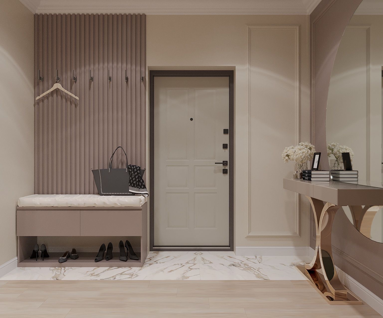 Stylowy przedpokój: beżowa kolorystyka, lustro z konsolą, siedzisko z wieszakiem, eleganckie wykończenie ścian i marmurowa podłoga. Uwagę zwraca designerski wieszak.