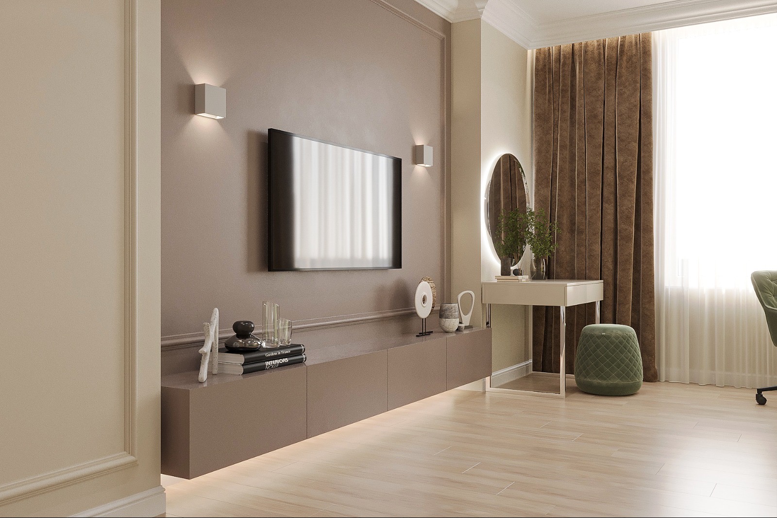 Nowoczesny salon z telewizorem na ścianie, podświetlaną komodą i okrągłym lustrem z podświetleniem. Stonowana kolorystyka, drewniana podłoga, eleganckie dekoracje.