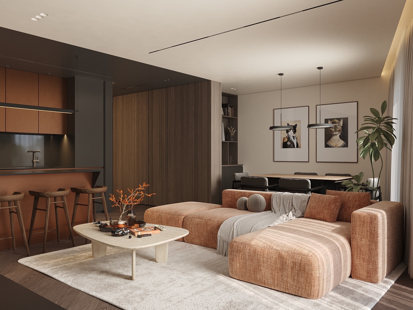 Nowoczesne wnętrze: salon z aneksem kuchennym w ciepłych brązach. Wygodna sofa narożna, drewniane krzesła barowe i minimalistyczny stół kawowy na tle drewnianej zabudowy.