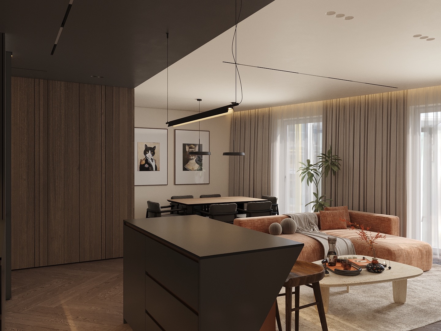 Nowoczesne wnętrze: salon z aneksem. Minimalistyczna wyspa kuchenna, stół jadalny, sofa w odcieniach pomarańczy, grafiki na ścianie i subtelne oświetlenie.