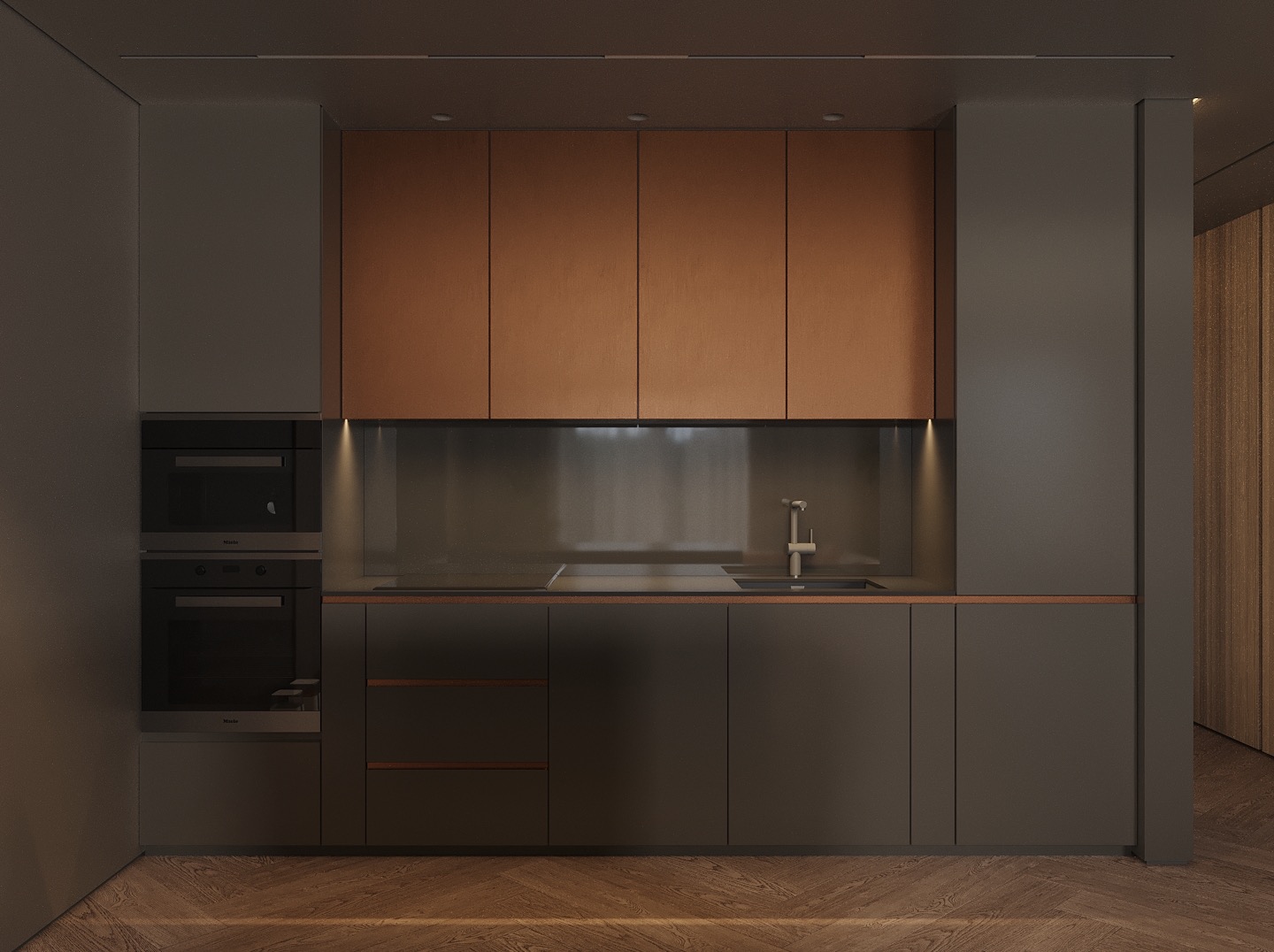 Minimalistyczna kuchnia z ciemnymi szafkami i drewnianymi akcentami, oświetlona punktowo, z widocznym sprzętem AGD marki Miele i parkietem ułożonym w jodełkę.