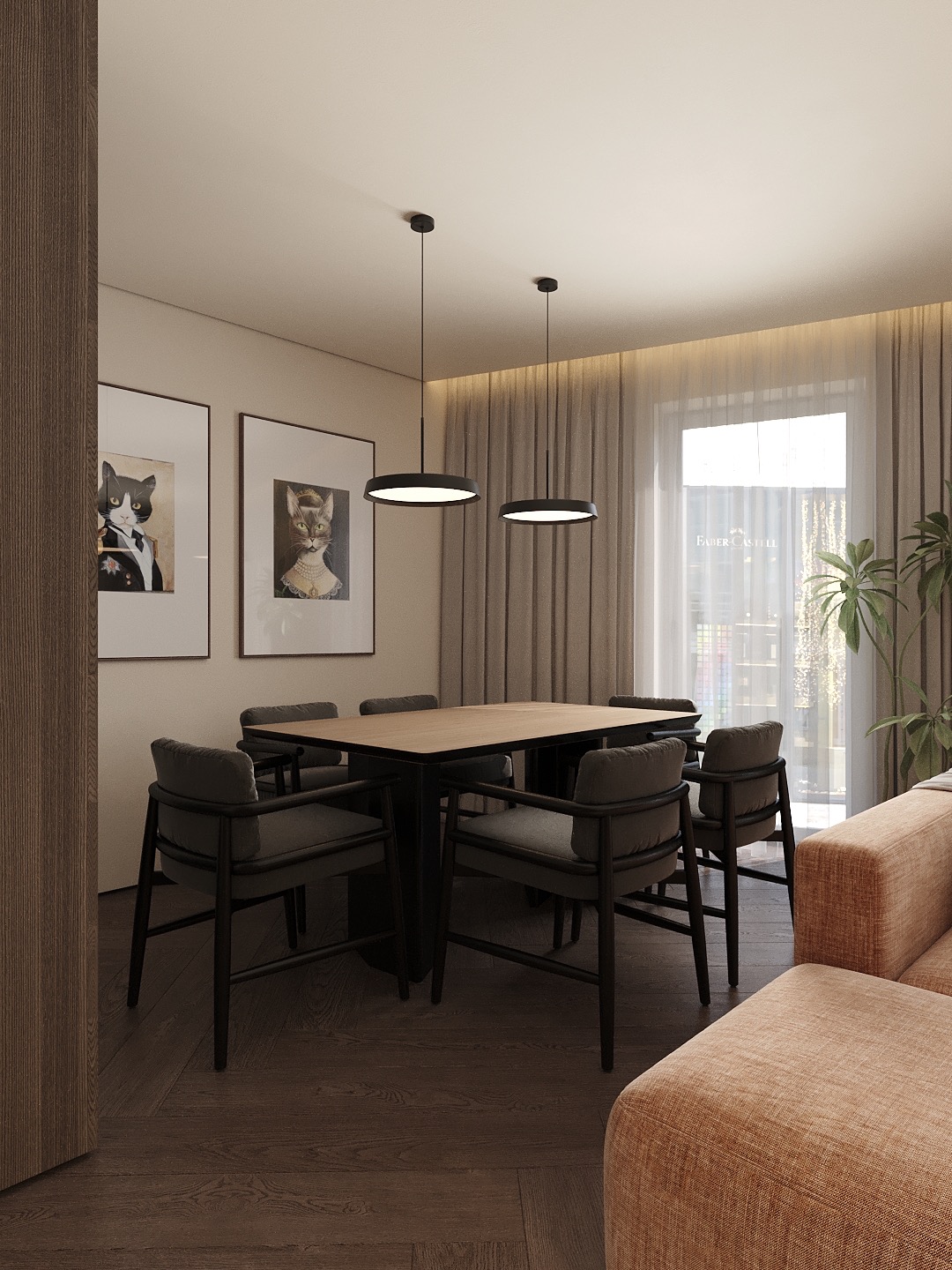Stylowa jadalnia w Warszawie: drewniany stół z sześcioma krzesłami, minimalistyczne lampy wiszące, obrazy z motywem zwierzęcym i rośliny doniczkowe.