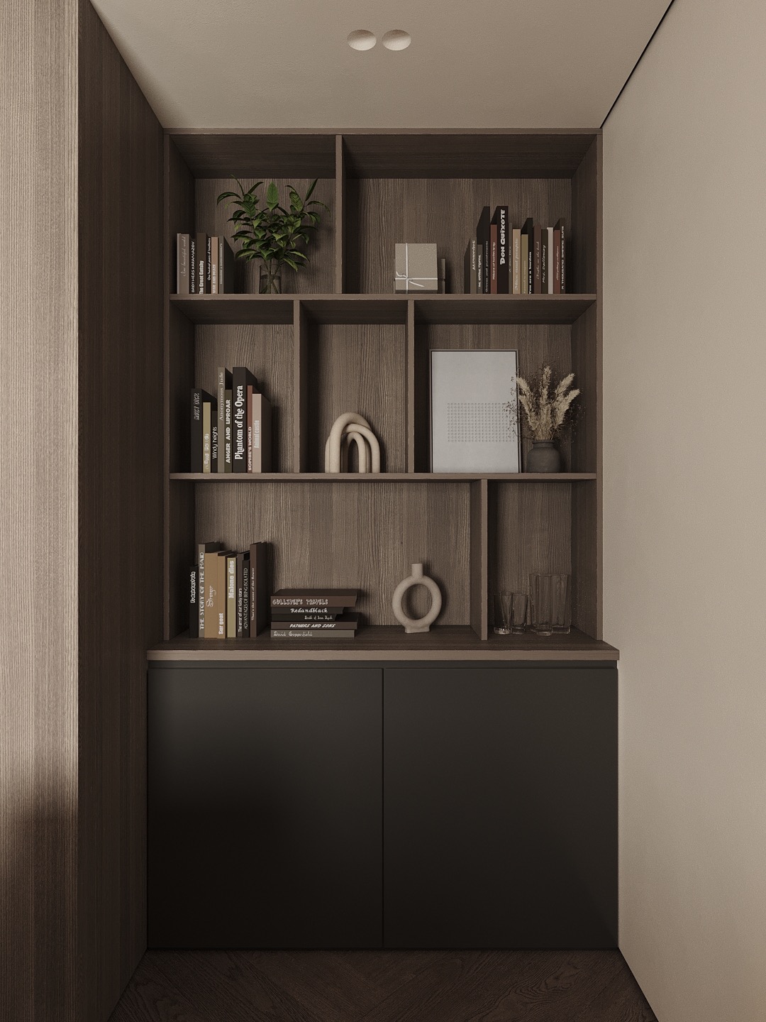 Minimalistyczna zabudowa meblowa z półkami z książkami i dekoracjami, utrzymana w stonowanej kolorystyce brązów i szarości. Element aranżacji wnętrza.