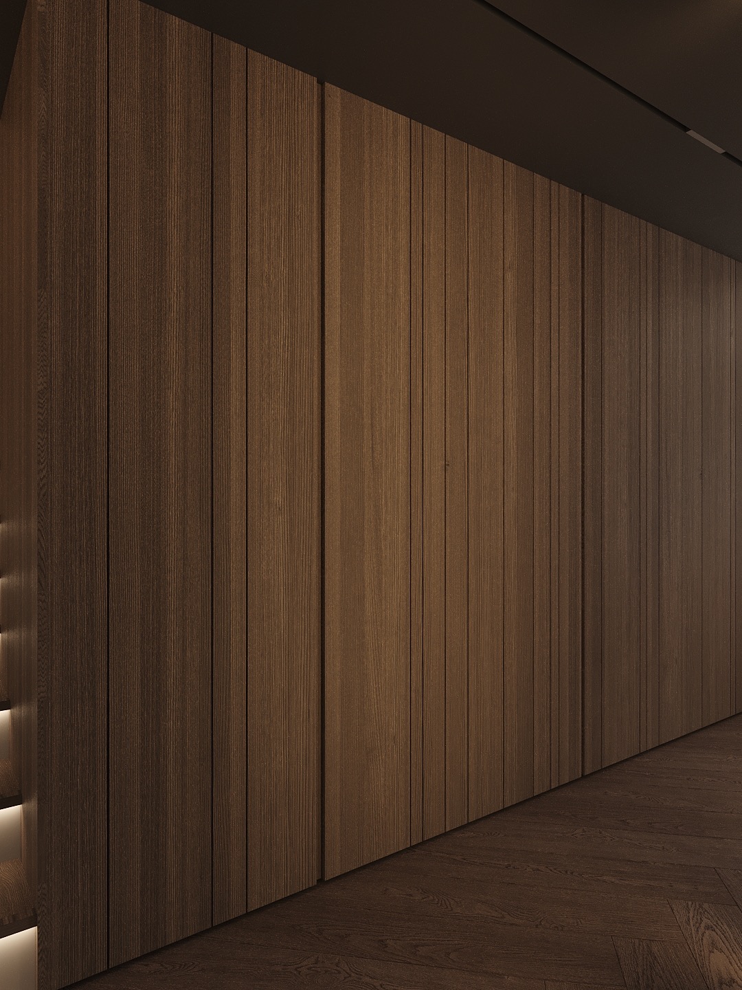 Minimalistyczna ściana z paneli z ciemnego drewna z subtelnym oświetleniem u dołu, płynnie przechodząca w podłogę z tego samego materiału i fakturą.